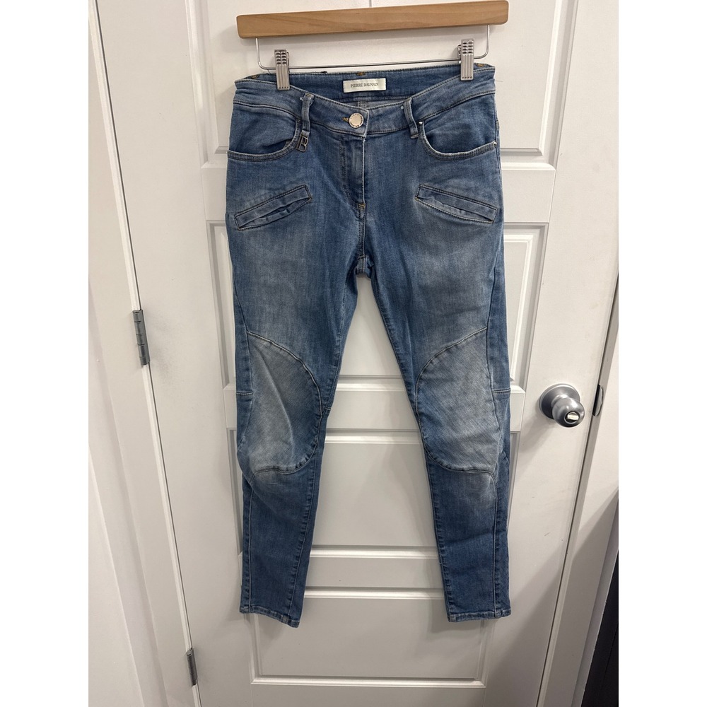 Pierre Balmain Womens‎ Blue Moto Skinny Jeans Paneled Ribbed Knee Denim 27